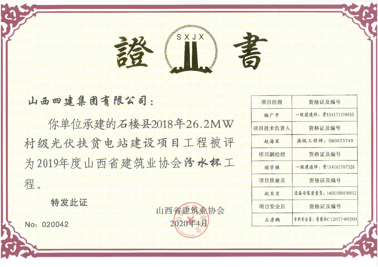 石楼县2018年2632MW村级光伏扶贫电站建设项目2020年度获奖